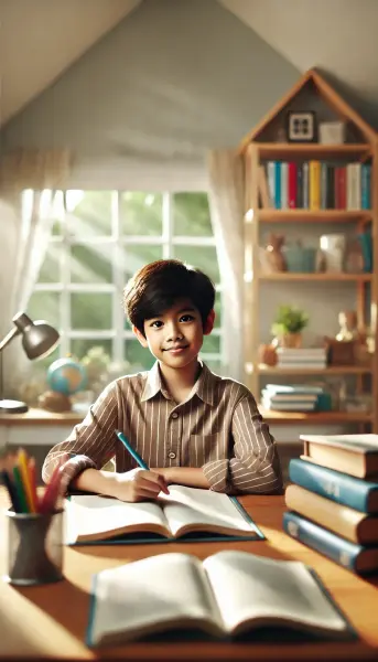 1. Seorang anak berusia sekitar 10 tahun sedang belajar di meja yang rapi