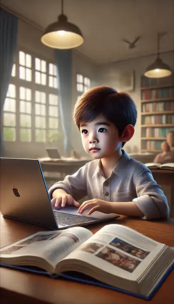 3. Seorang anak Indonesia yang duduk fokus di depan laptop dengan buku referensi