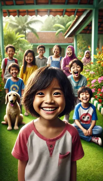 6. Seorang anak Indonesia yang tersenyum lebar, dikelilingi oleh teman-temannya di taman