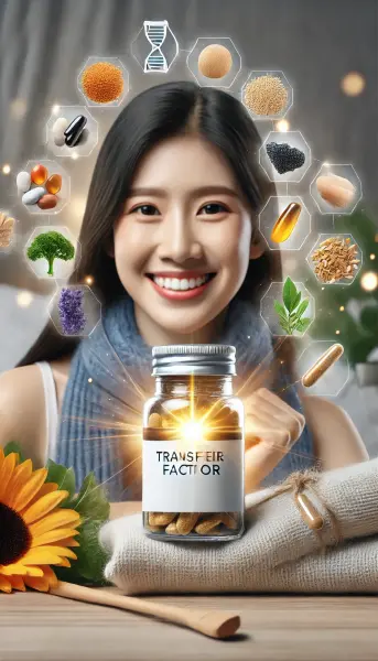 1. Seorang penderita autoimun yang tersenyum dengan suplemen transfer factor ditangan