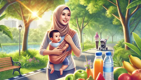2. Ibu menyusui yang aktif dan sehat, sedang berjalan di taman dengan bayi dalam gendongan