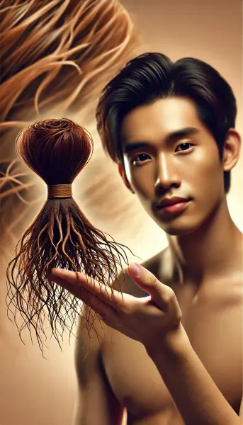 5. Seorang Indonesia yang memegang akar rambut yang kuat dan sehat