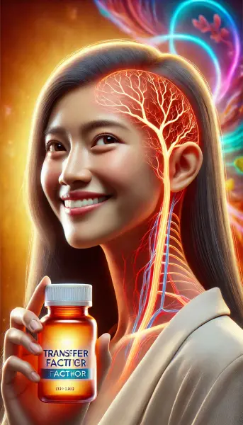 6. Aliran darah yang sehat di kulit kepala, dengan gambar botol transfer factor yang bersinar