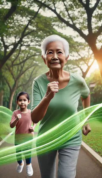 3. Seorang lansia yang sehat tengah berlari di taman bersama cucunya