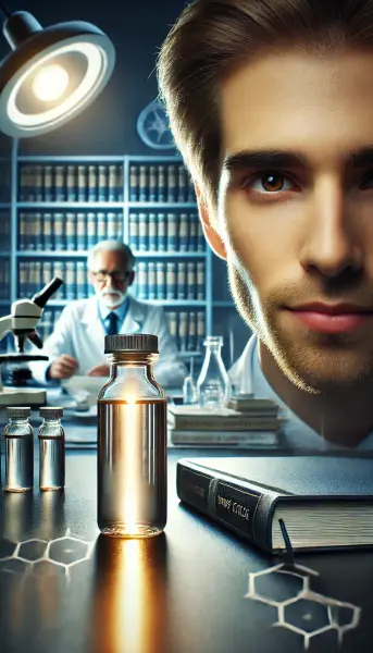 6. tumpukan jurnal penelitian dan sebuah laboratorium dengan peneliti yang sedang bekerja